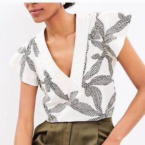 NWT LOFT Cream Blouse with Black Taupe Leaf Ribbon Print Womens XL
